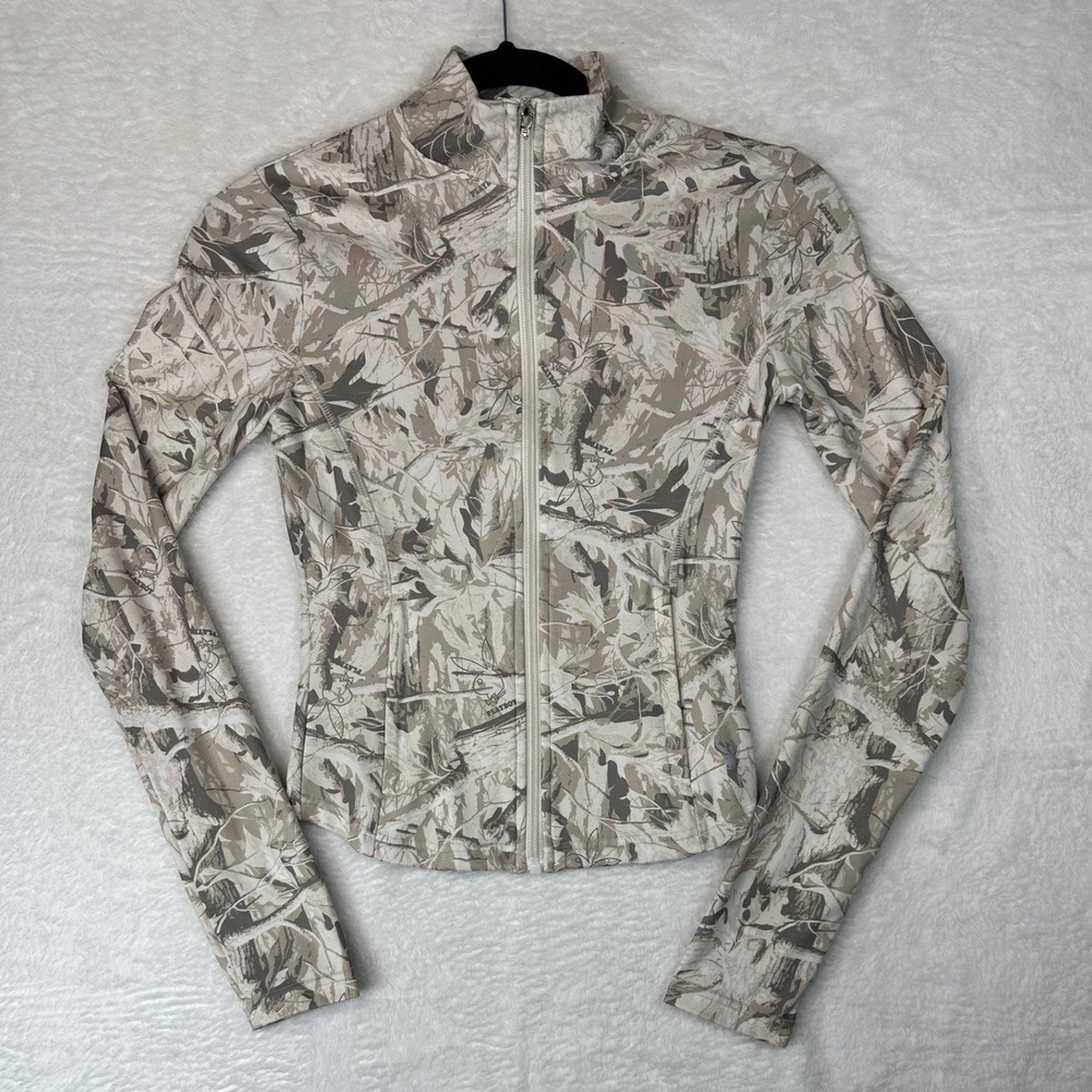 Playboy Zip Up Active Jacket Womens Small Tan Camo Bunny Logo Print